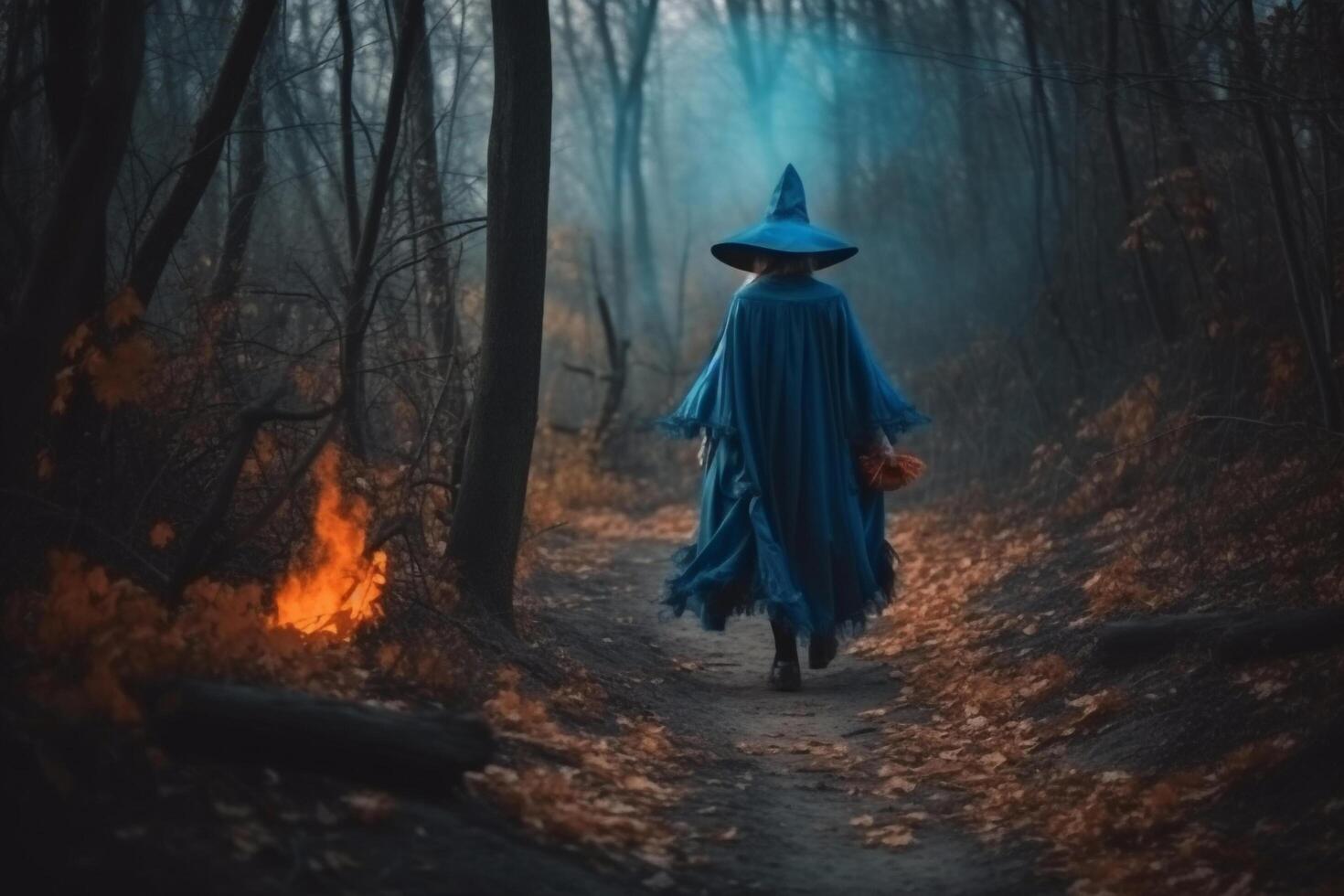 A women in a dark forest created using photo