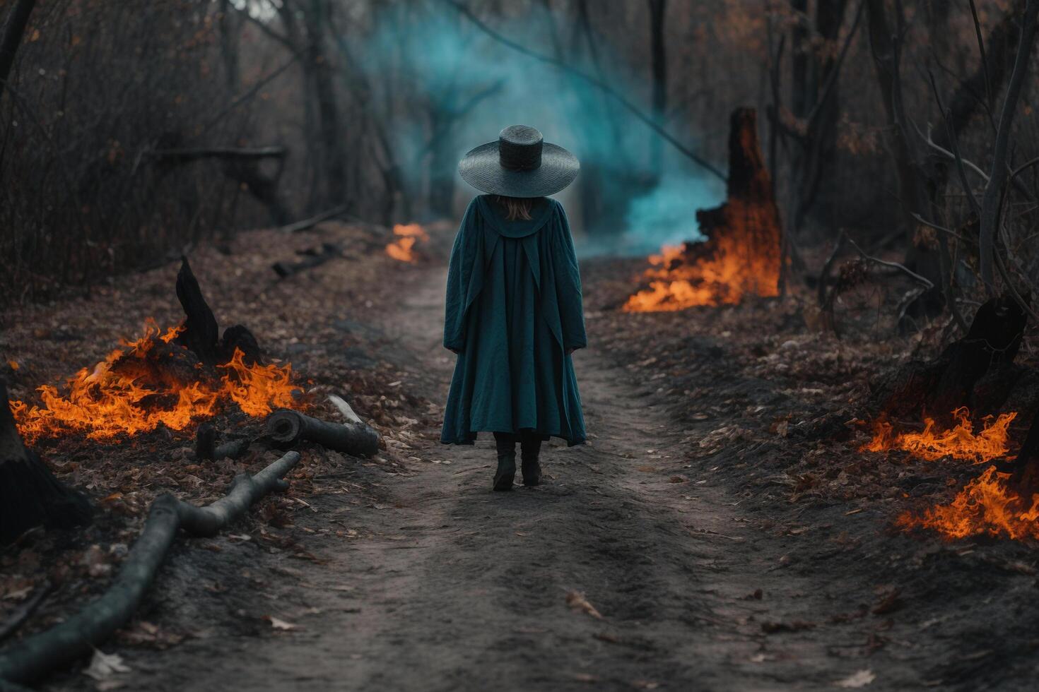 A women in a dark forest created using photo