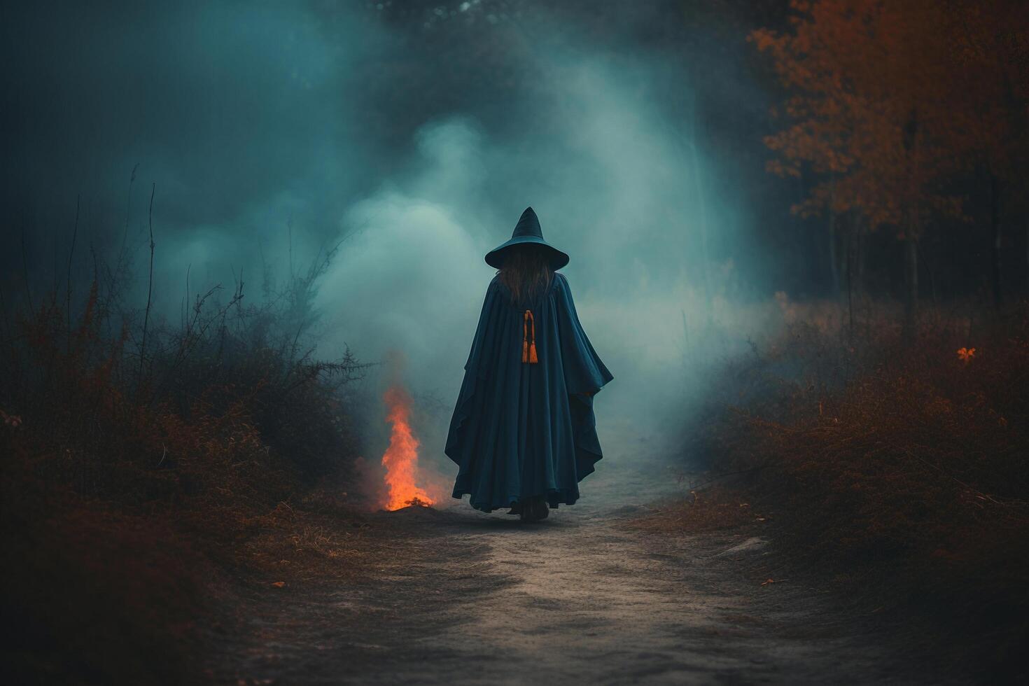 A women in a dark forest created using photo