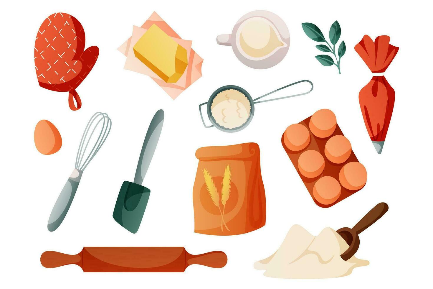 Cartoon baking supplies. Bakery ingredients and kitchen