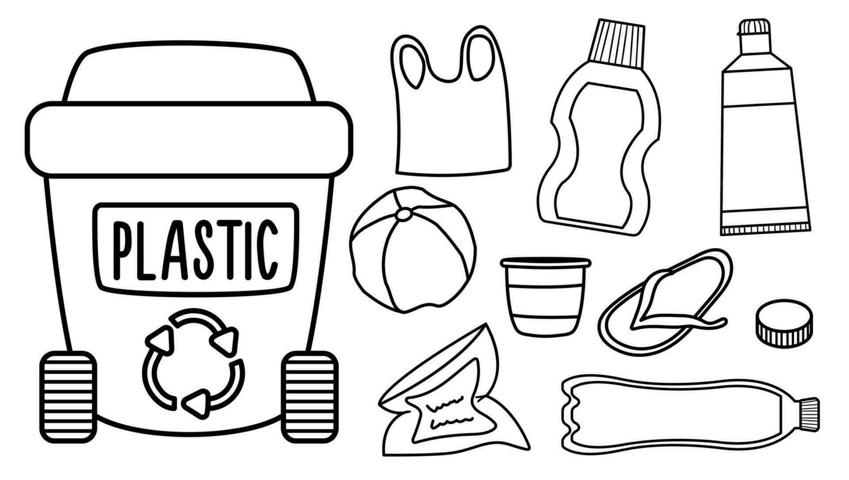 Black and white rubbish bin for plastic waste with different garbage. Waste recycling and sorting concept or coloring page. Vector trash container and litter illustration. Ecological line set