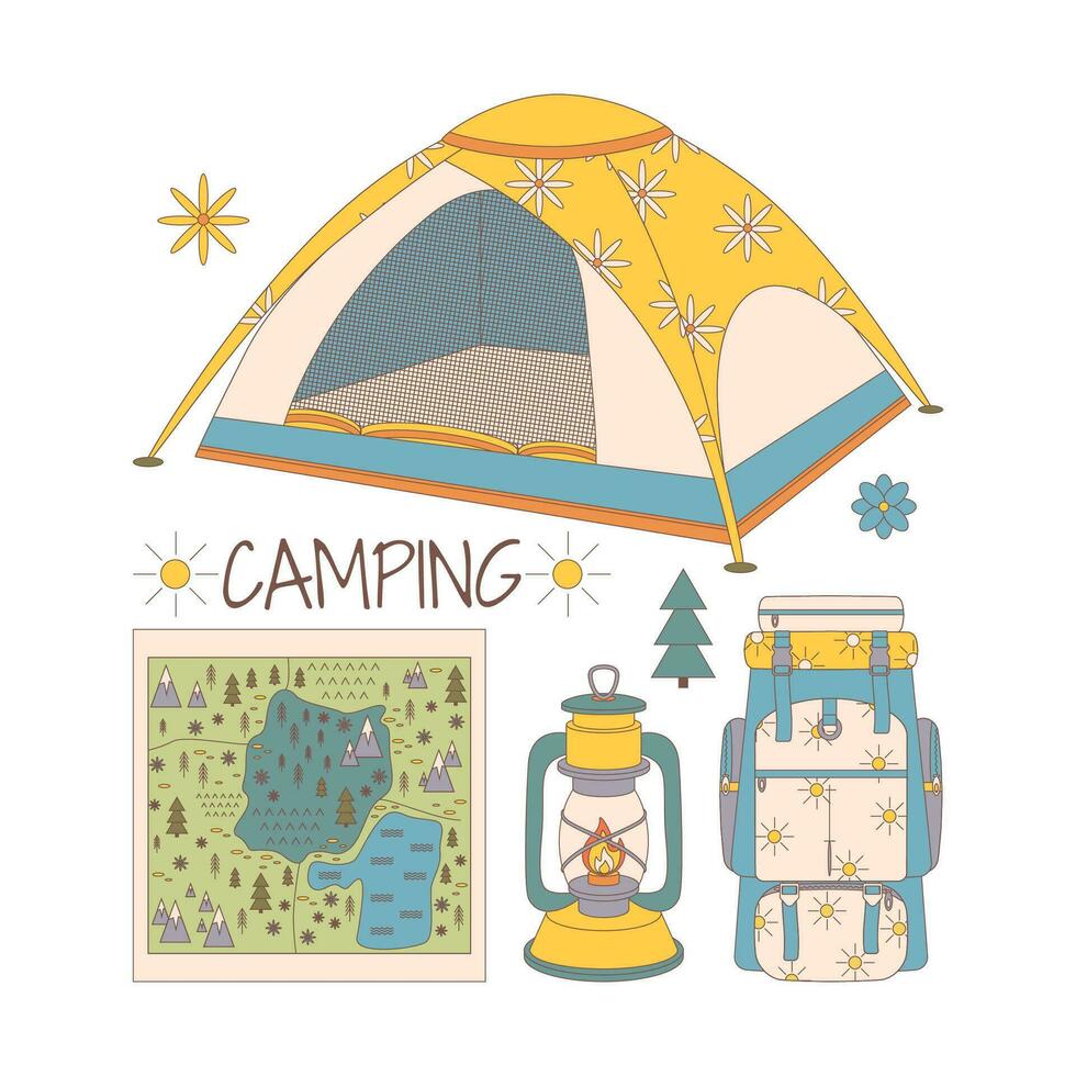 Camping and hiking set, drawn elements  tent, backpack, map, oil lamp, flashlight. vector