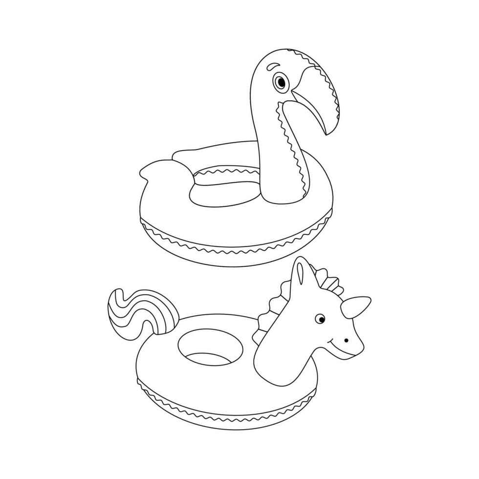 Inflatable circle in the shape of a flamingo and unicorn. Beach set for summer trips. Vacation accessories for sea vacations. Line art. vector