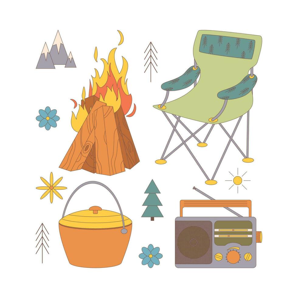 Camping and hiking set, drawn elements  cauldron, bonfire, chair, radio. vector