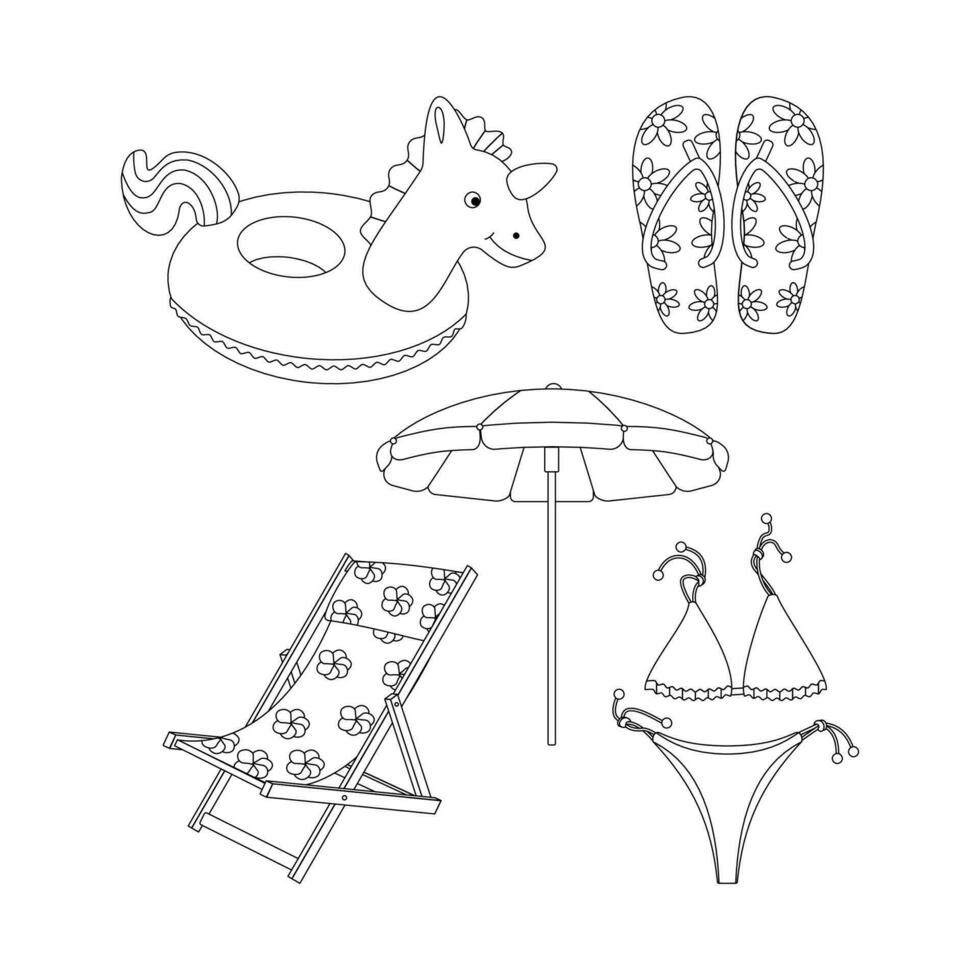 Inflatable circle in the shape of a unicorn, slippers, flip-flops, the swimsuit is separate, beach chair, sunbed, umbrella. Line art. vector