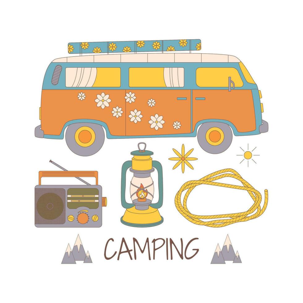Camping and hiking set, drawn elements oil lamp, van, rope, radio. Wilderness survival, travel, hiking, outdoor recreation, tourism. vector