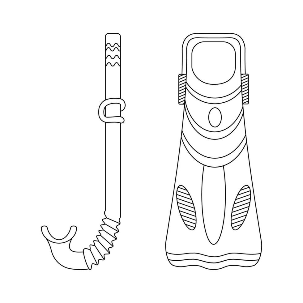 Flippers and tube for scuba diving, snorkeling. Beach set for summer trips. Vacation accessories for sea vacations. Line art. vector