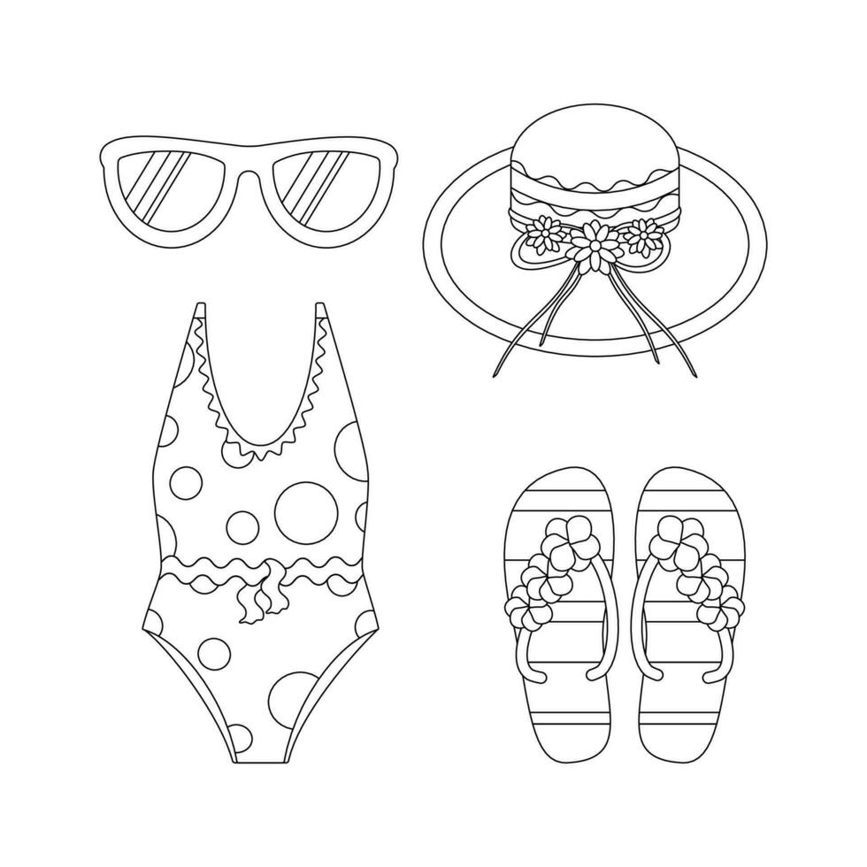 Inflatable circle in the shape of a unicorn, slippers, flip-flops, the swimsuit is separate, beach chair, sunbed, umbrella. Line art. vector