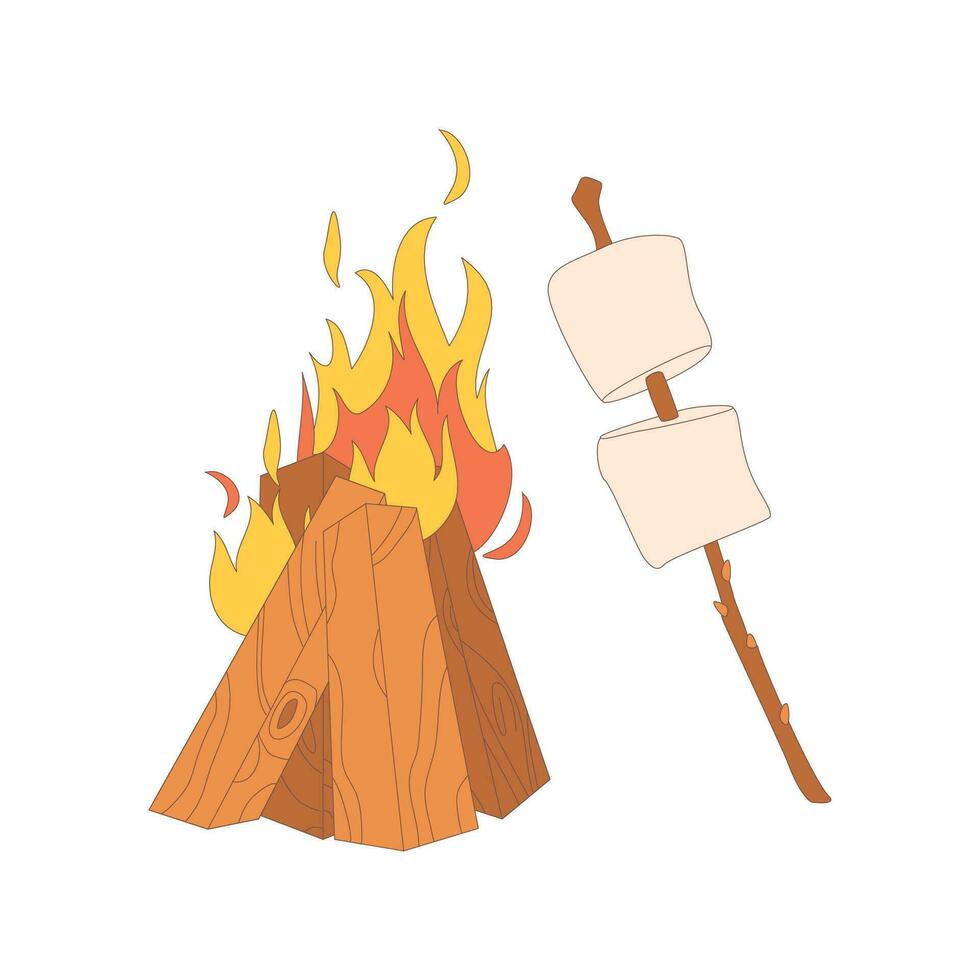 Bonfire, marshmallow on a stick. Drawn elements for camping and hiking. vector