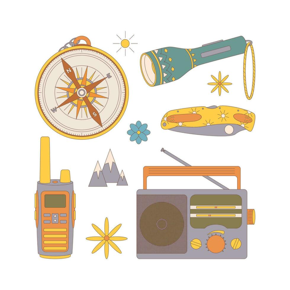 Camping and hiking set, drawn elements flashlight, compass, knife, radio. vector