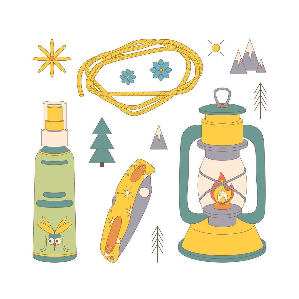 Camping and hiking set, drawn elements  oil lamp, rope, mosquito spray. vector