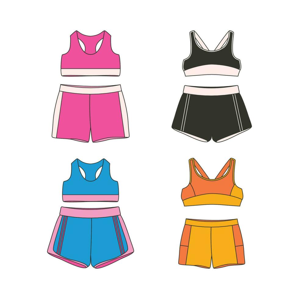 Sports top, shorts, sportswear. Various Sport equipment. Fitness inventory, gym accessories. Workout stuff bundle. vector