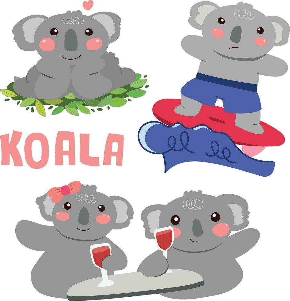 Set of cute koalas in various actions. vector