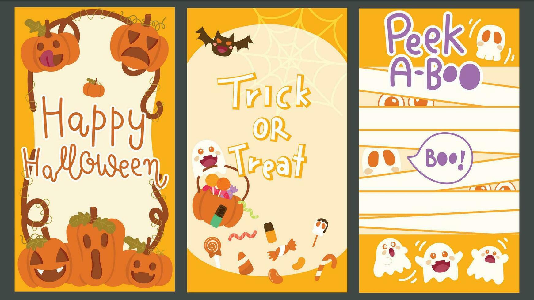 Greeting card Halloween day with text  Happy Halloween, Trick or Treat, Peek a boo. Orange card with Halloween Theme. vector