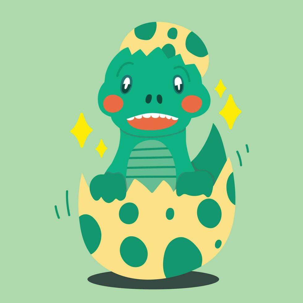 Greeting Card with green baby dinosaur cracks from an egg. vector