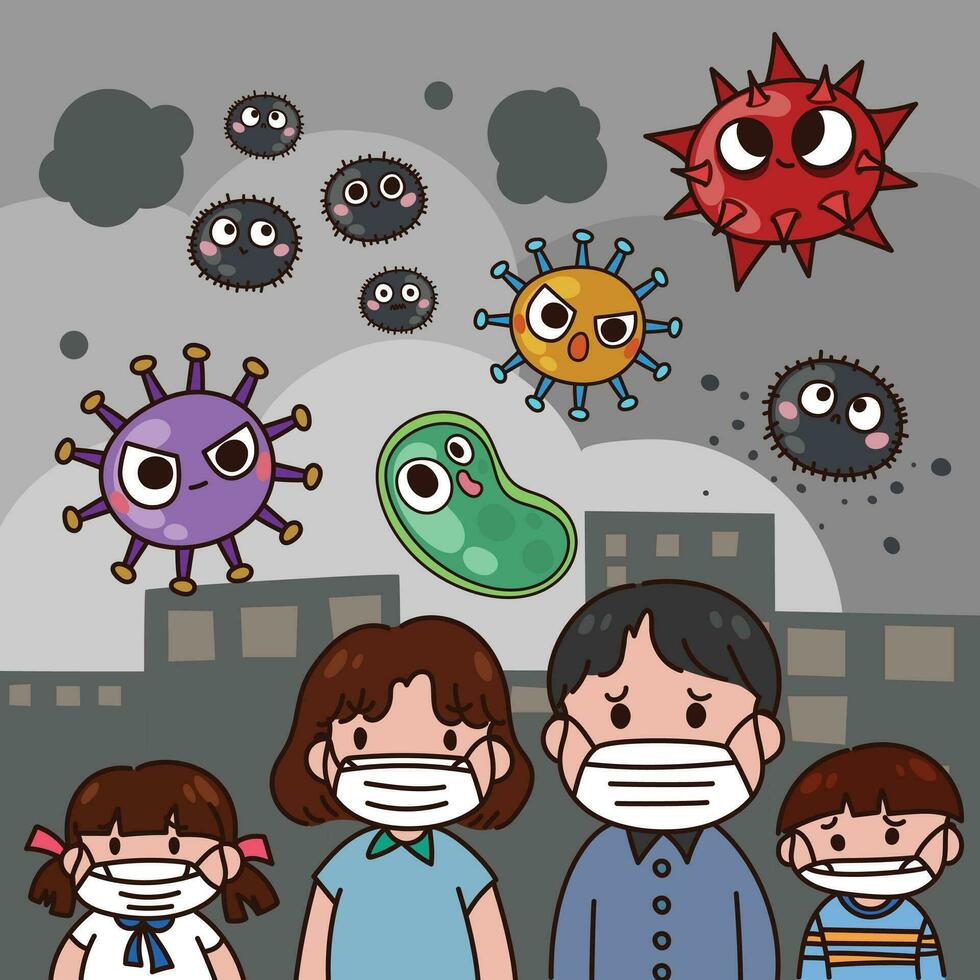 People wear mask in city with bad pollution environment. Various virus are fly in the air. vector