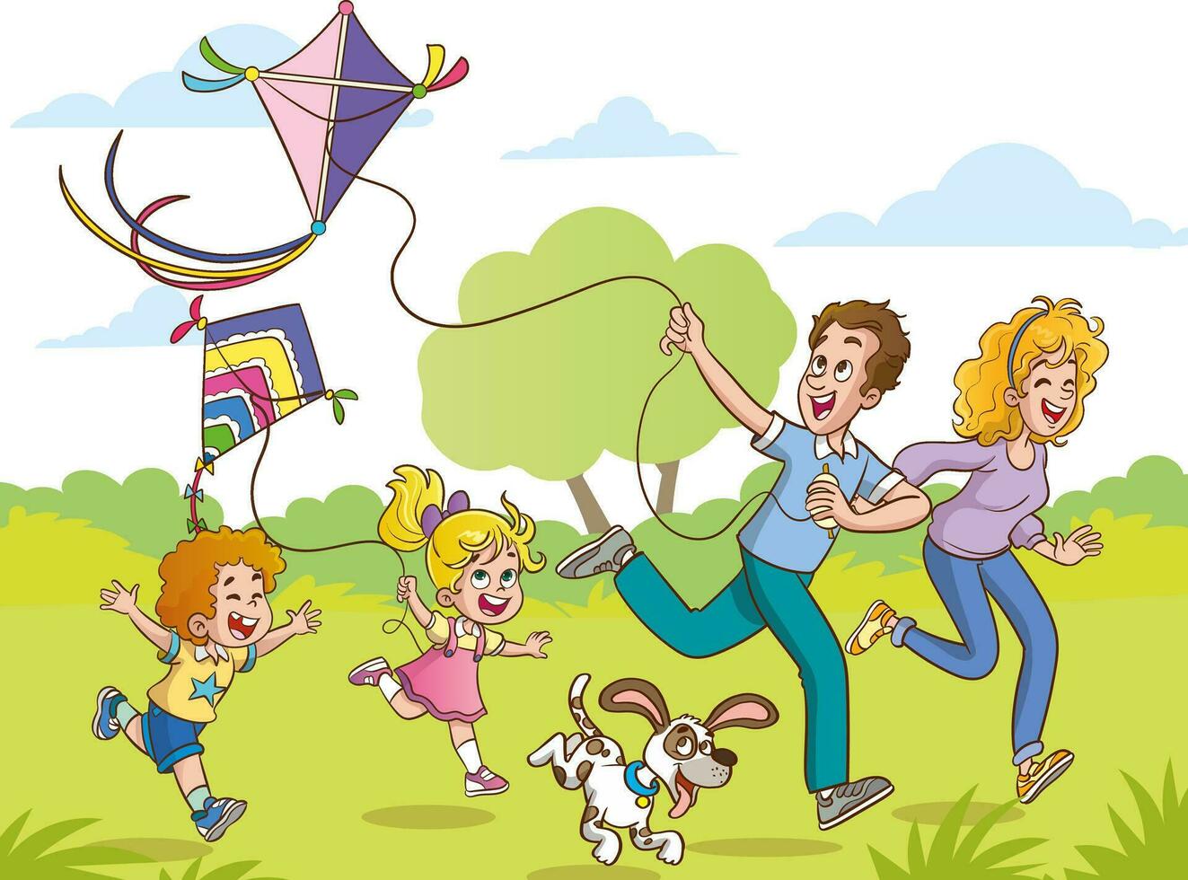 A vector illustration of a happy family with kids having fun with kite kite.family flying a kite vector