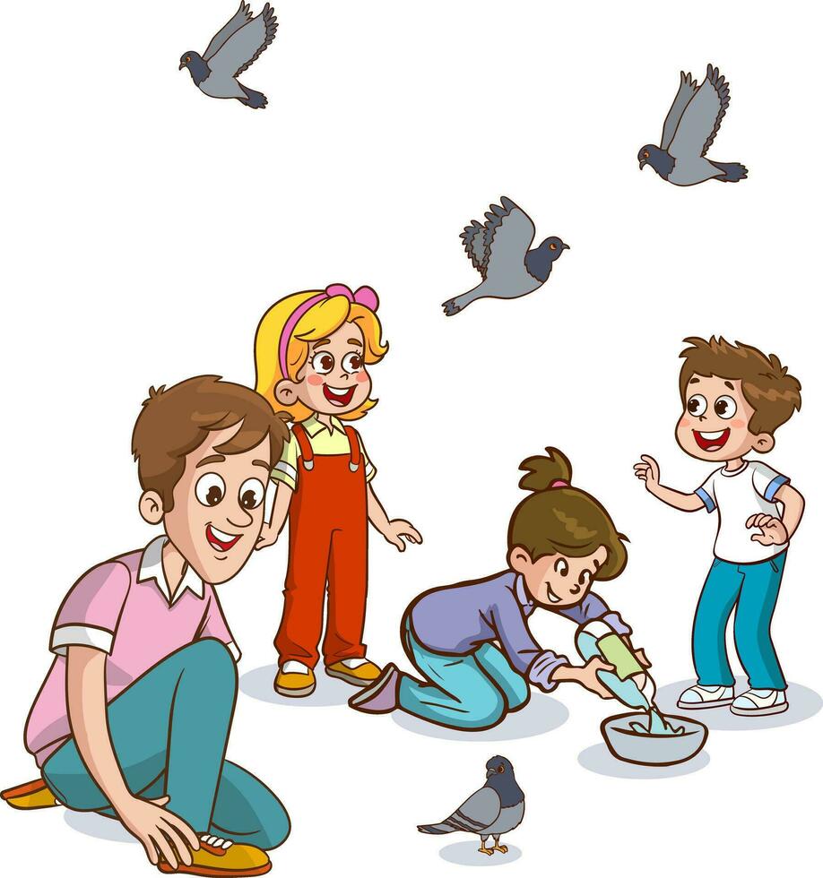 niños alimentación palomas dibujos animados vector