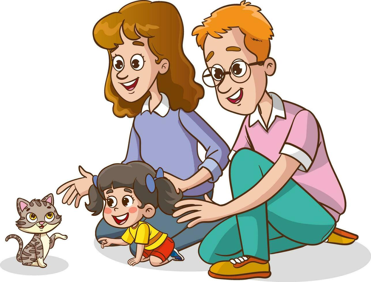 cute family feeding cute cats vector.children and their parents who feed stray animals vector