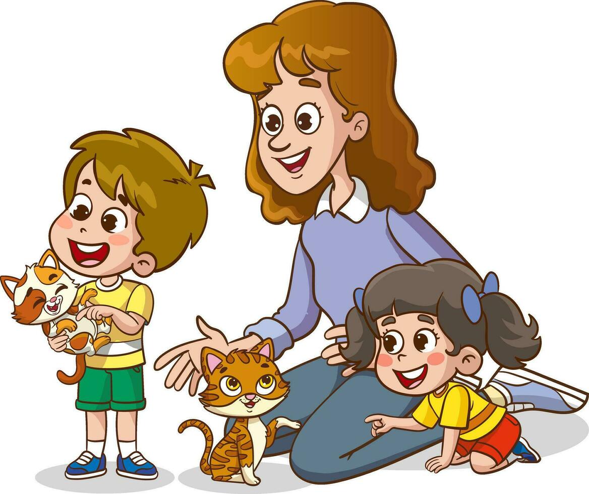 cute family feeding cute cats vector.children and their parents who feed stray animals vector