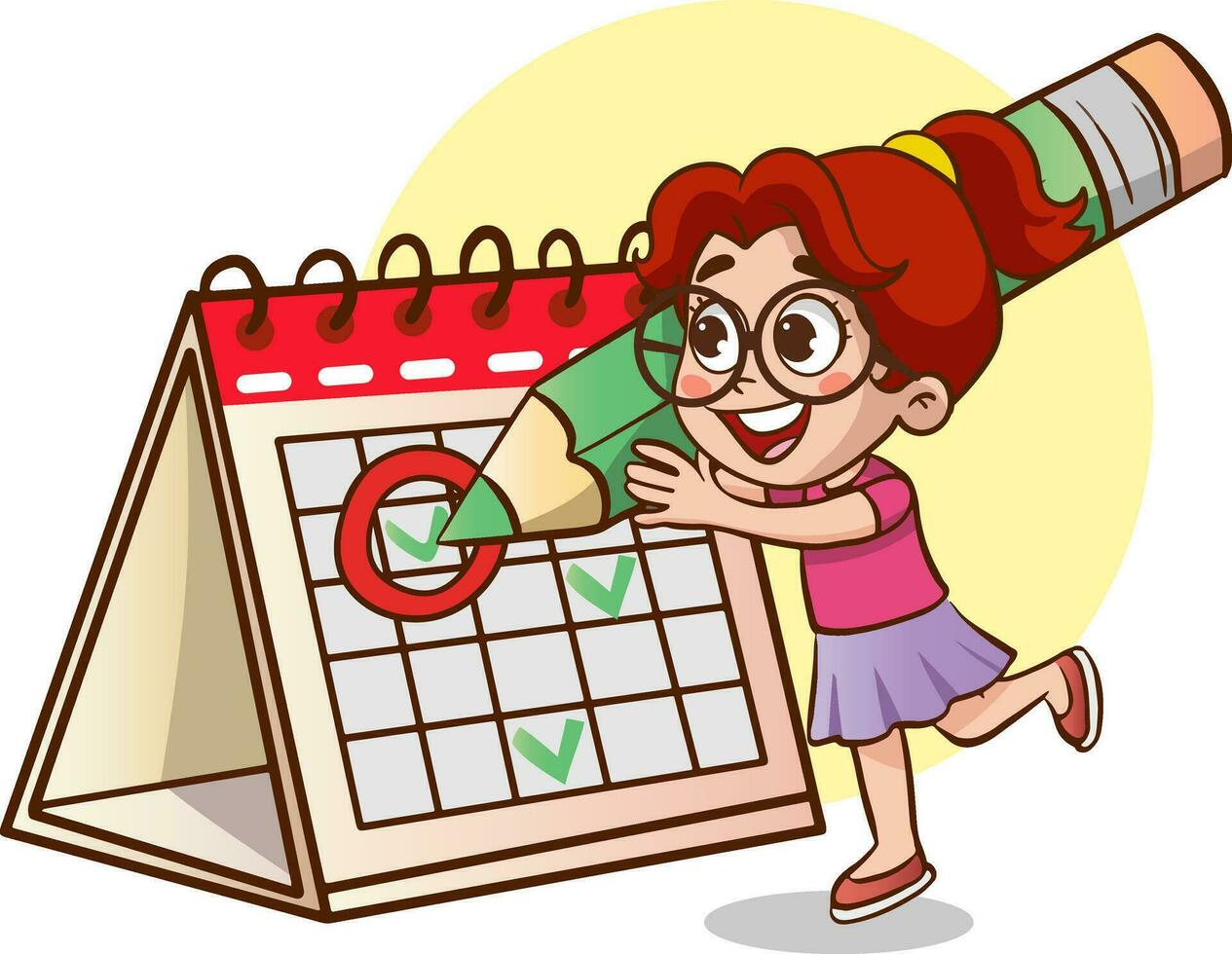 Time Concept Drawing With Flat Objects.cute boy marks the days from the calendar. vector