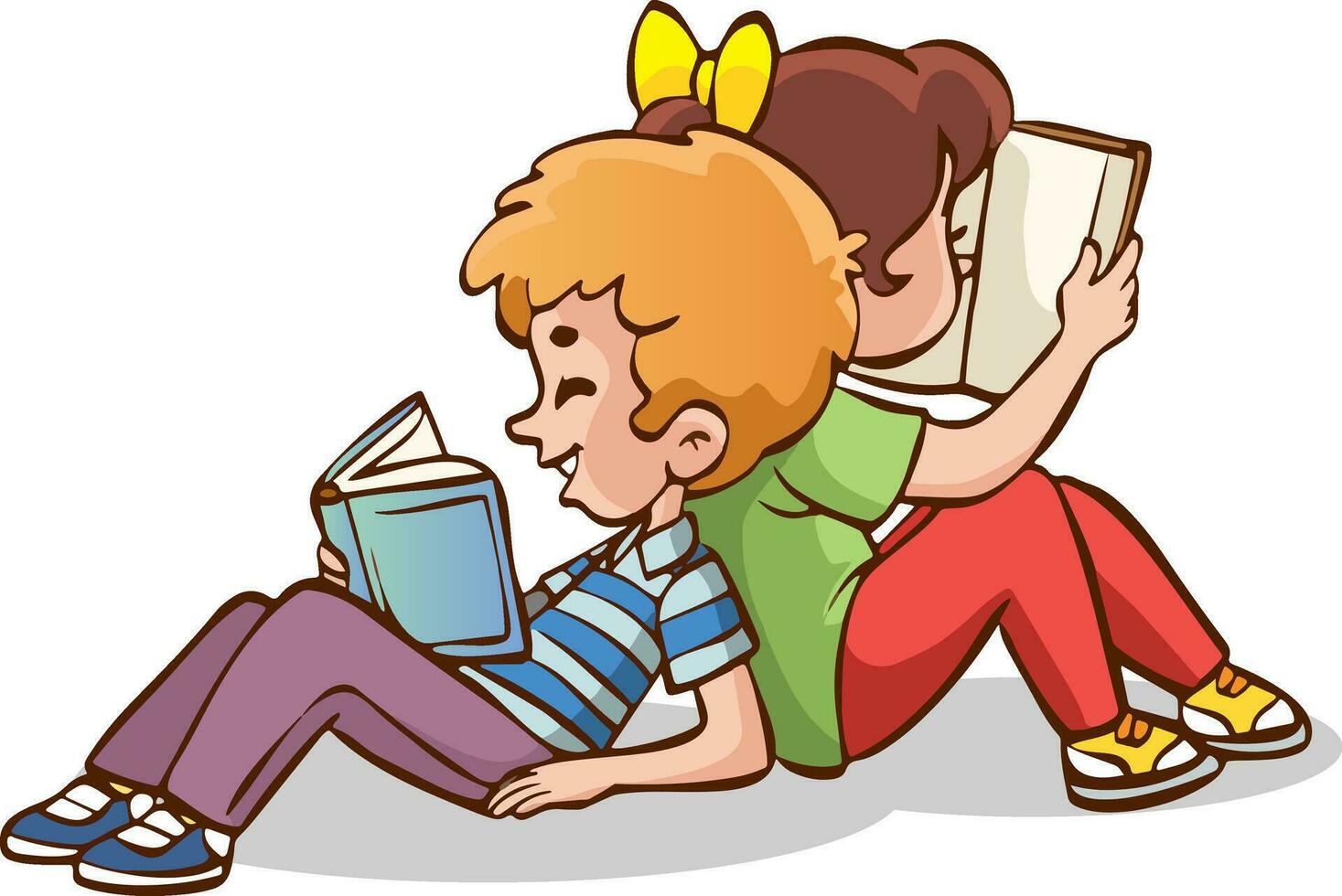 linda pequeño chico y niña sentado leyendo libro en piso para aprendiendo. inteligente niño. infancia contento sonrisa cuando leyendo libro de texto. personaje dibujos animados niño vector ilustración para educación y estudiar.
