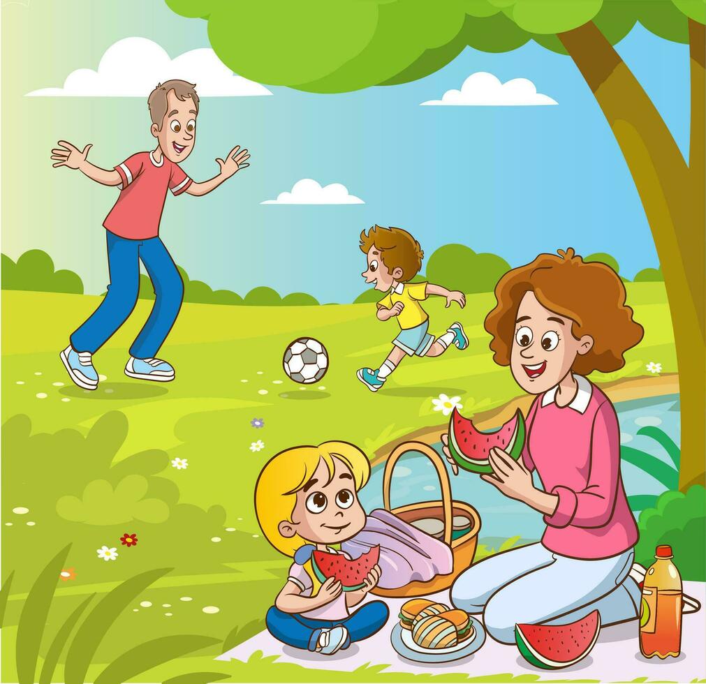 activo recreación familia con niños. teniendo picnic en sentado manta,calidad hora juntos, caminando, gasto tiempo, teniendo divertido, juntos en parque en verde césped. vector