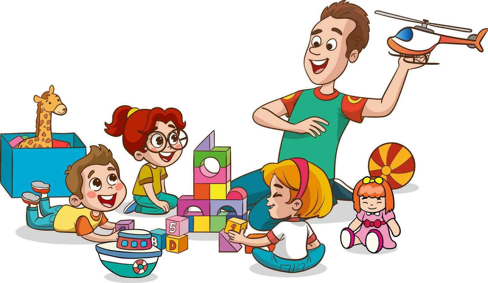 parents playing with kids at home. Educational toys. Children playing designer cubes, developmental constructor, sorter. vector