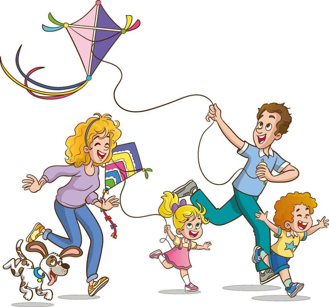 A vector illustration of a happy family with kids having fun with kite kite.family flying a kite vector