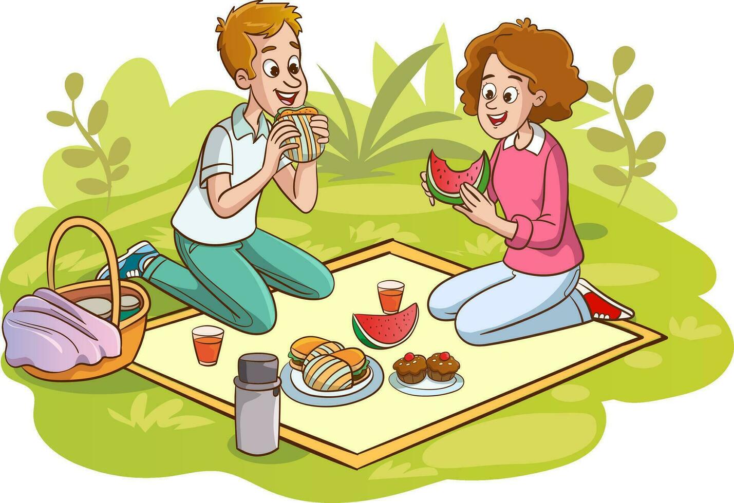 active recreation family with children. Having picnic on sitting blanket,quality time together, walking, spending time, having fun, together in park on green lawn. vector