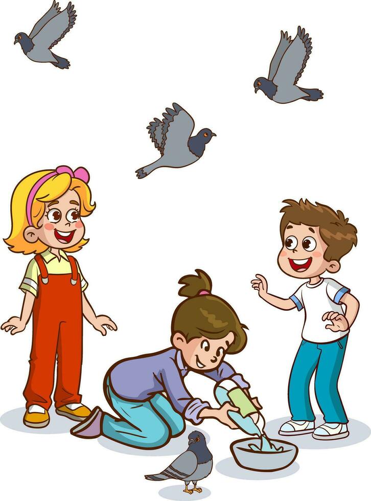 niños alimentación palomas dibujos animados vector