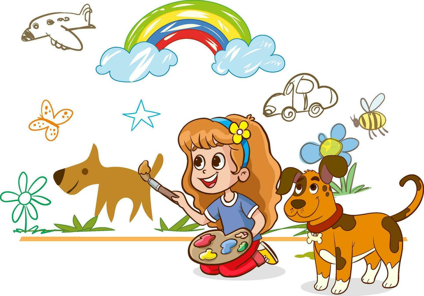 Kindergarten. Boys and girls drawing picture doodles on the walls. Children draw with felt tip, paints and crayons. vector