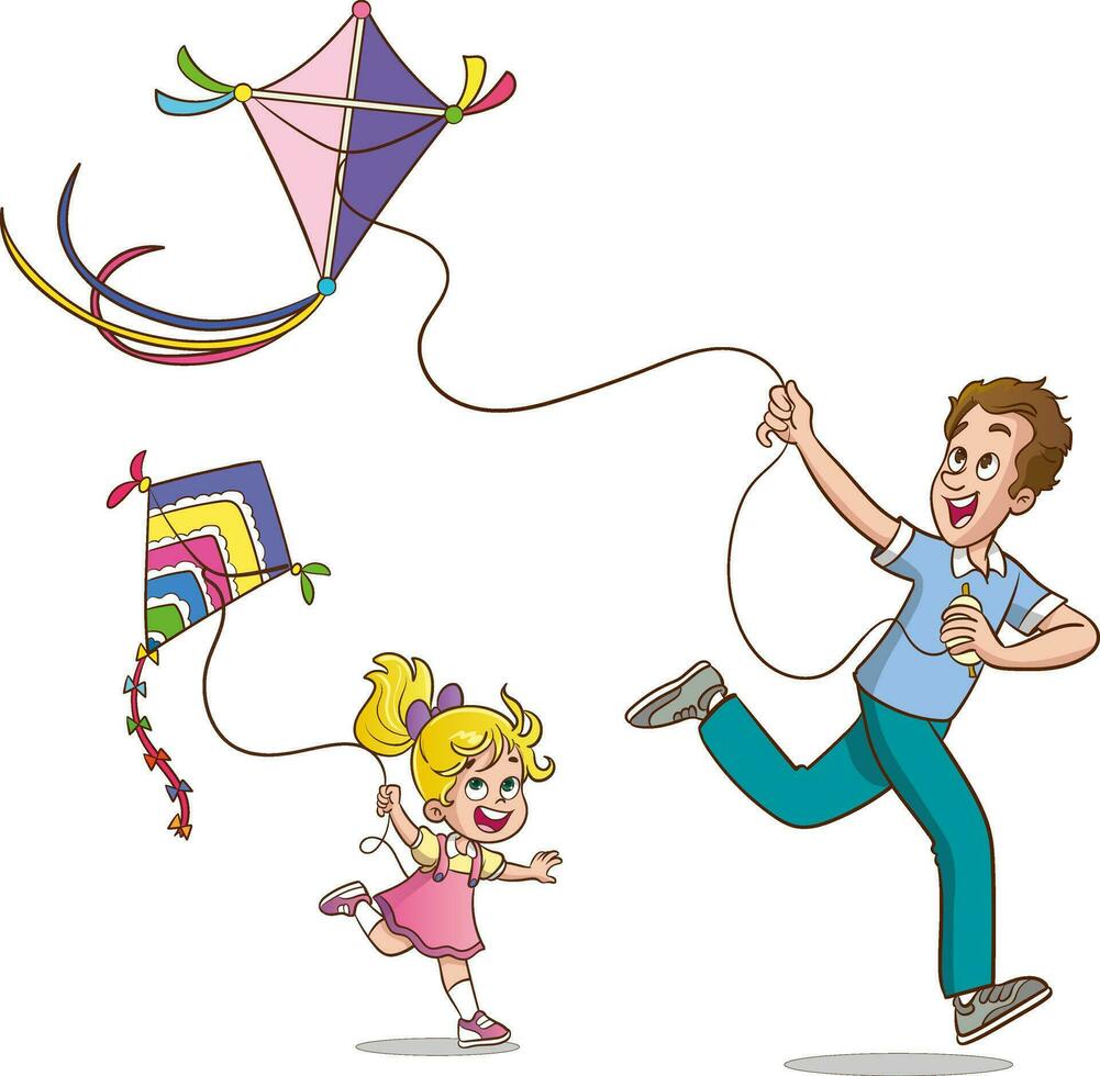 A vector illustration of a happy family with kids having fun with kite kite.family flying a kite vector