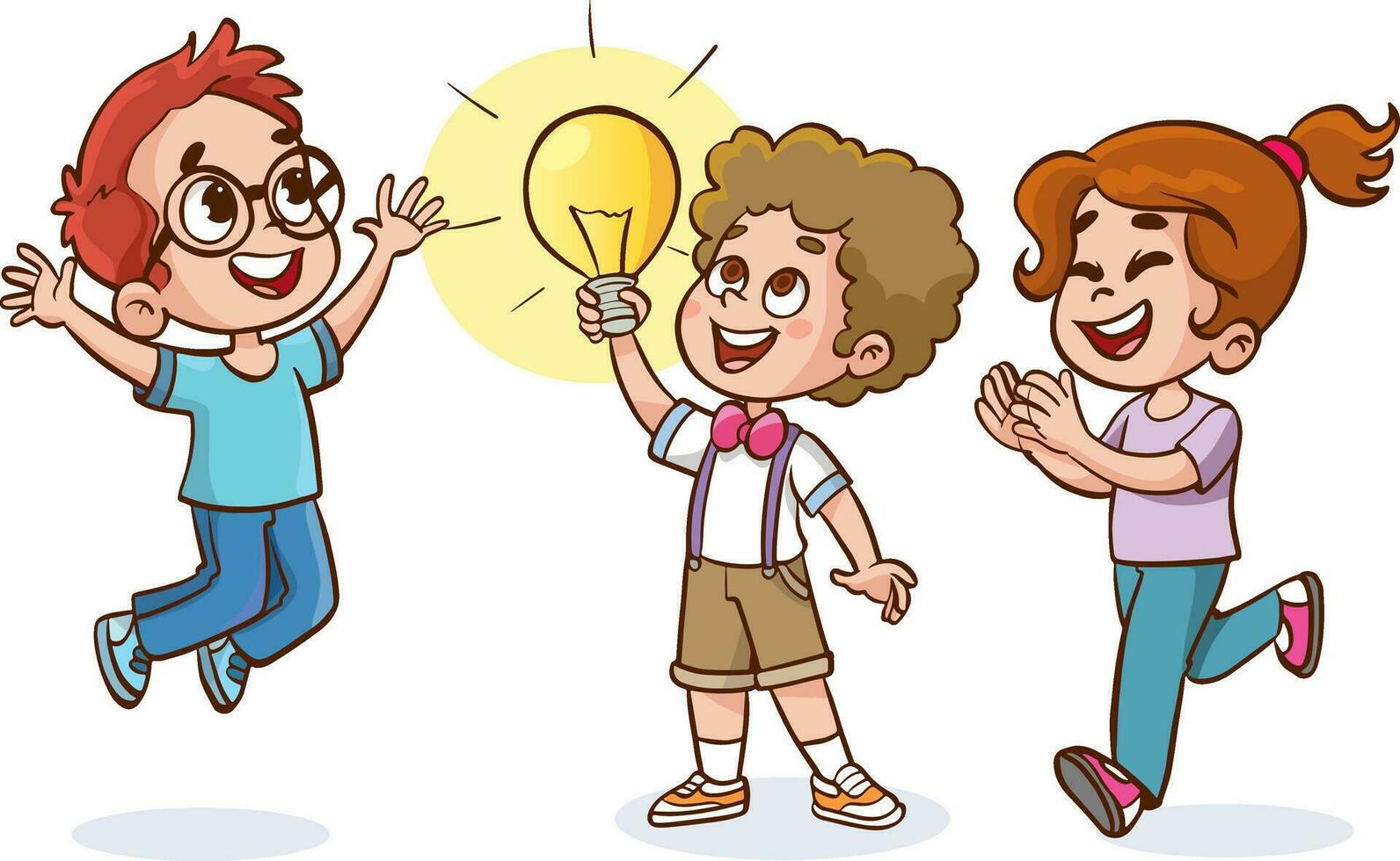 niños con brillante ideas .feliz linda pequeño niño niña con idea lámpara signo. vector