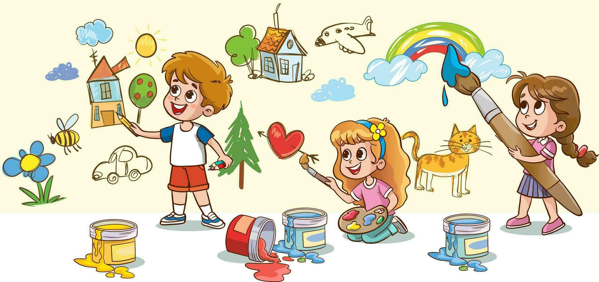 Kindergarten. Boys and girls drawing picture doodles on the walls. Children draw with felt tip, paints and crayons. vector