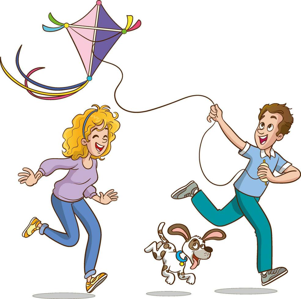 A vector illustration of a happy family with kids having fun with kite kite.family flying a kite vector