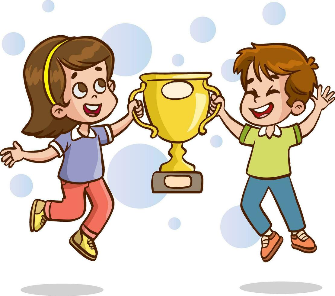 happy cute kid boy win game gold trophy vector