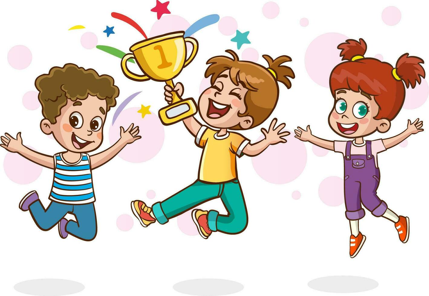 happy cute kid boy win game gold trophy vector