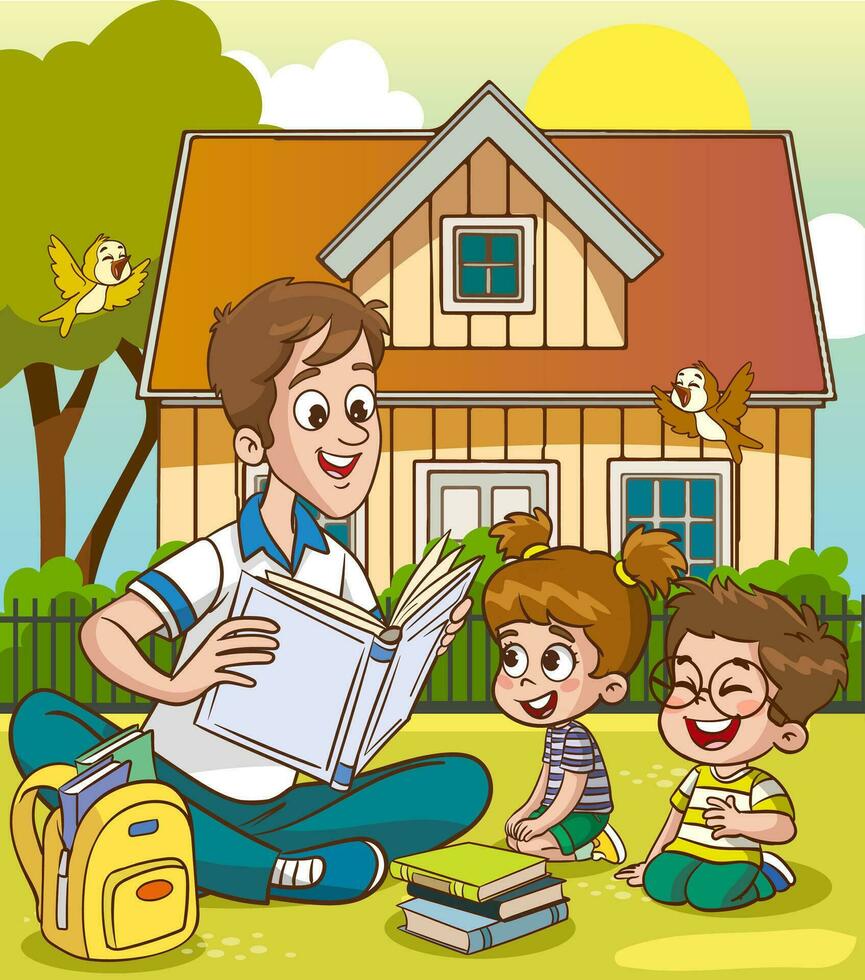 cute kids and father reading together.Teacher reading books to children. vector