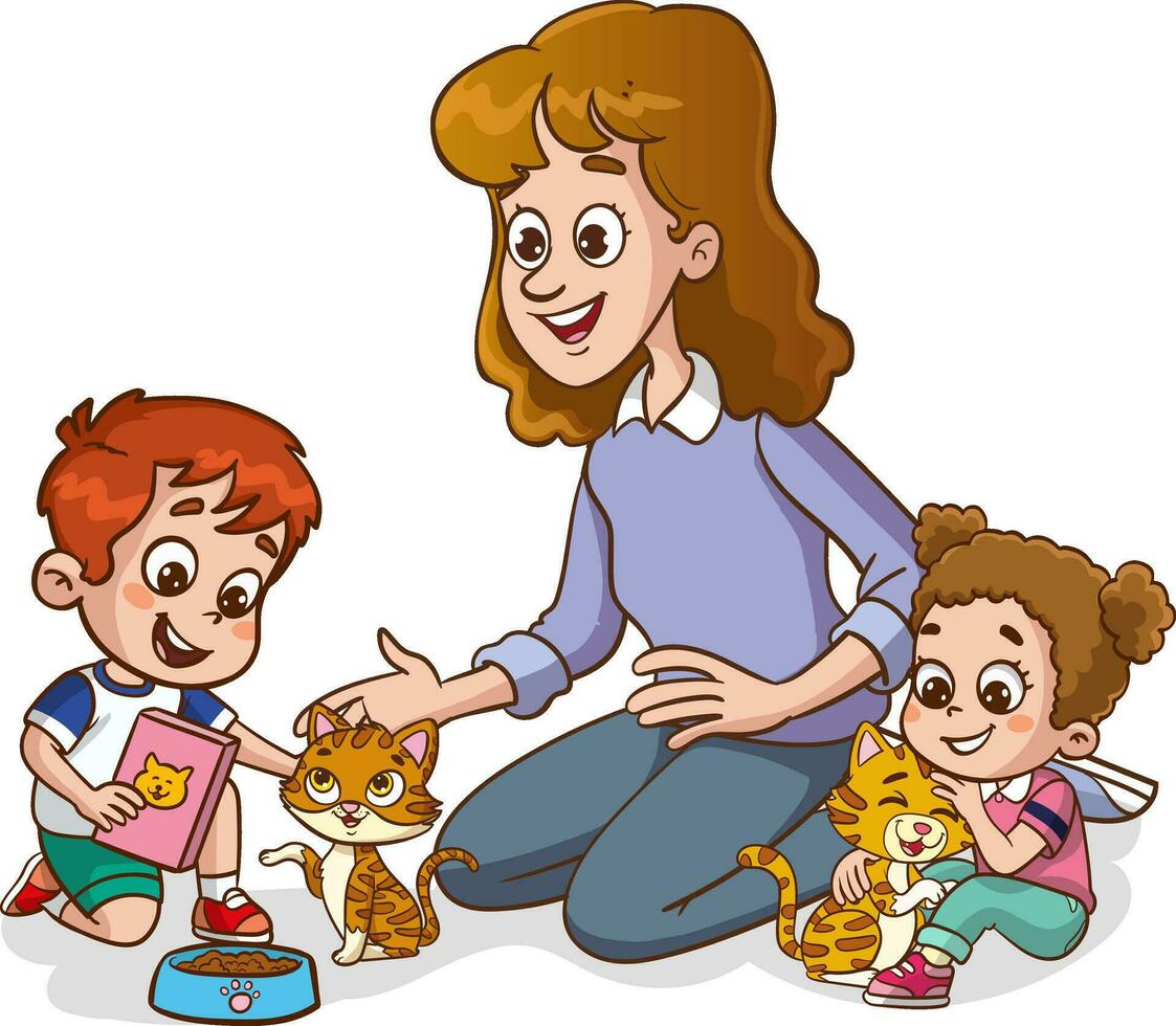 linda familia alimentación linda gatos vector.niños y su padres quien alimentar extraviado animales vector