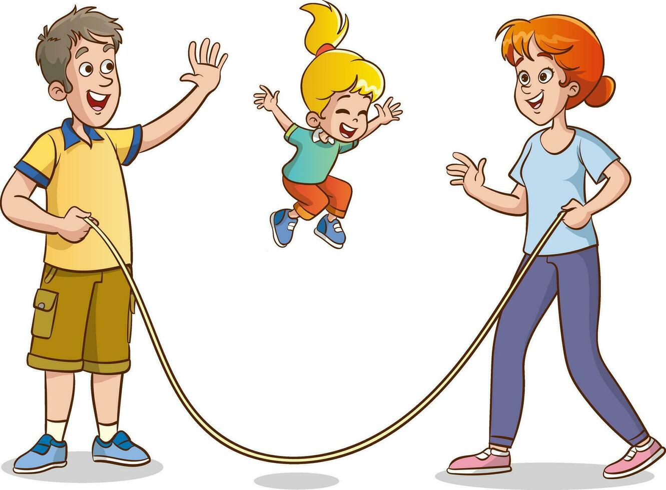 contento familia salto a la comba cuerda.padres teniendo divertido con su niños vector