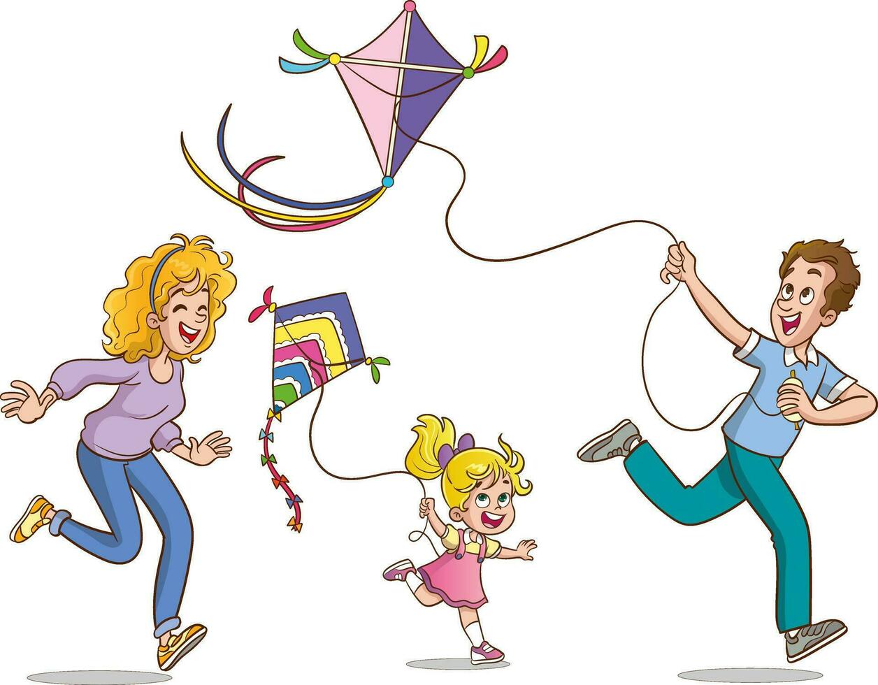 A vector illustration of a happy family with kids having fun with kite kite.family flying a kite vector