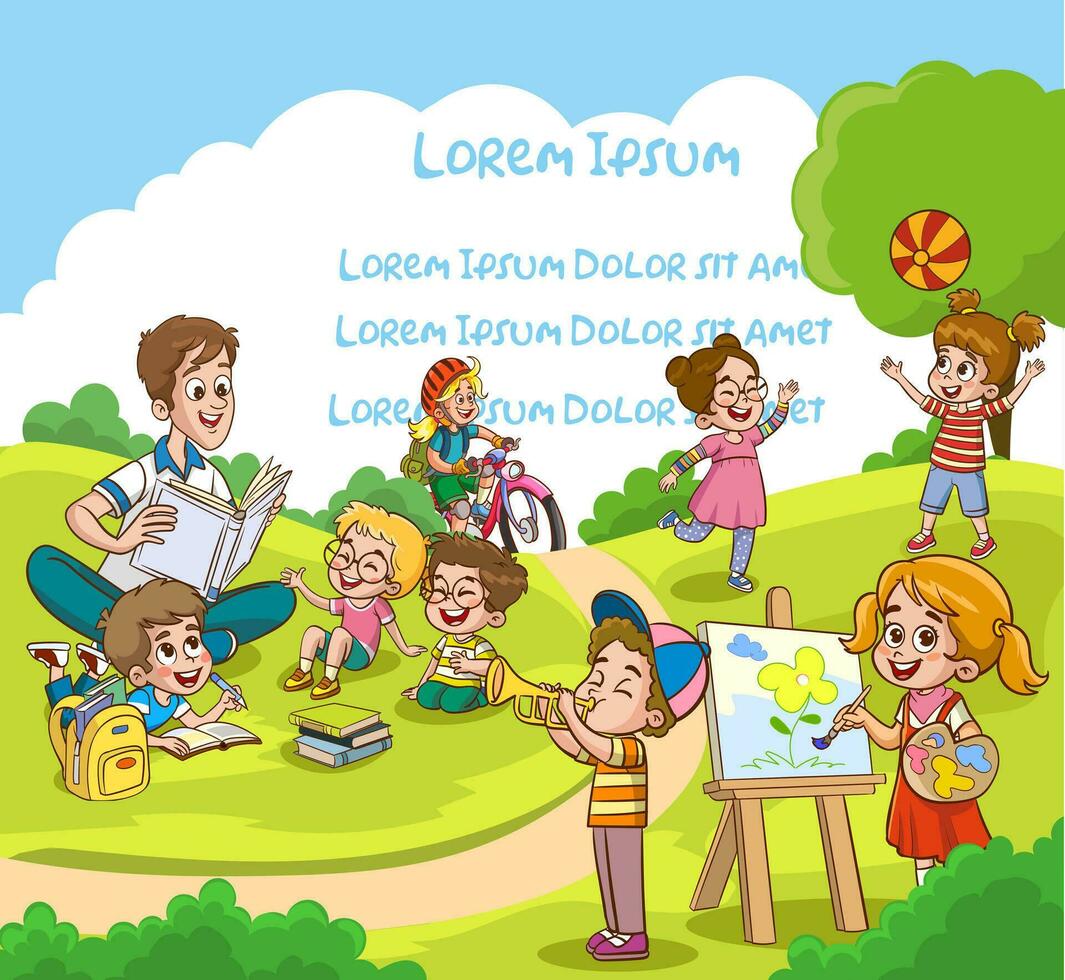 Children in park,summer camp.Babysitter,teacher,Mum reading book to children. Girl drawing the watercolor.Group children playing, spending time in games, having fun, fooling around. vector