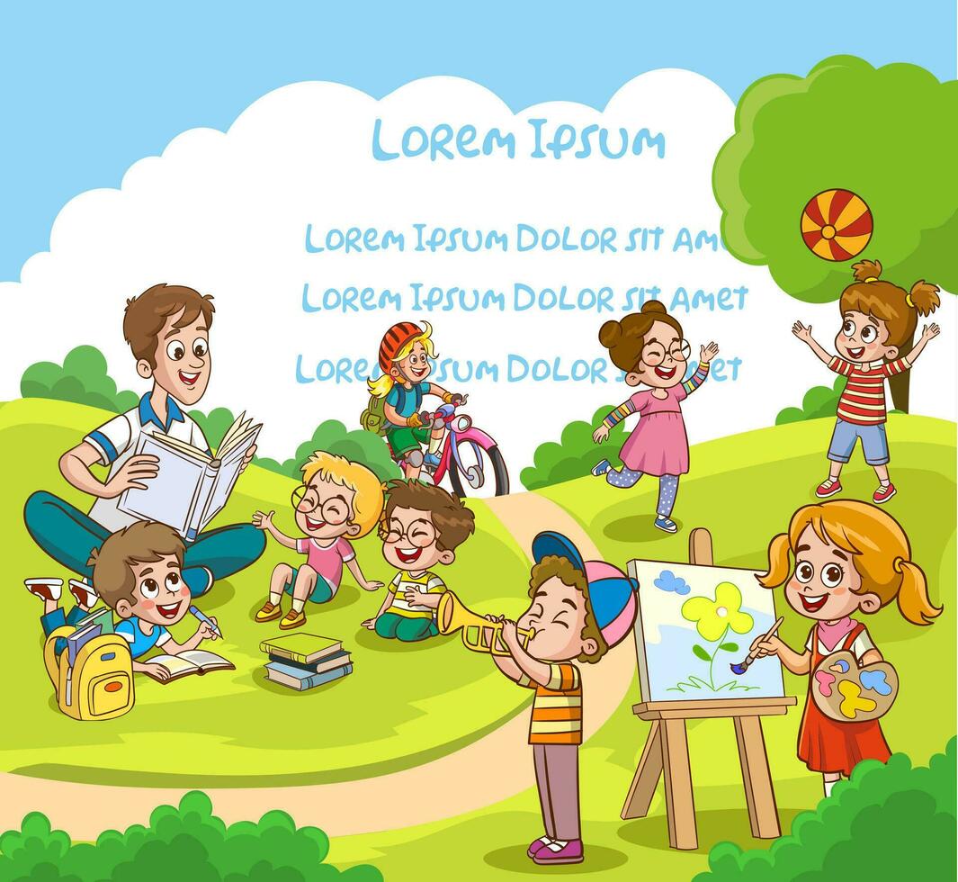 niños en parque, verano campamento.niñera,maestra,mamá leyendo libro a niños. niña dibujo el acuarela.grupo niños jugando, gasto hora en juegos, teniendo divertido, engañando alrededor. vector