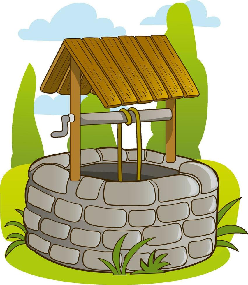 Vector cartoon summer landscape with vintage well with wooden roof, pulley and bucket. Basin for water source or spring near farm or village