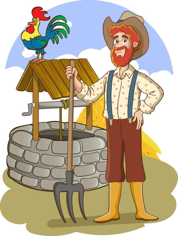 Vector cartoon summer landscape with vintage well with wooden roof, pulley and bucket. Basin for water source or spring near farm or village