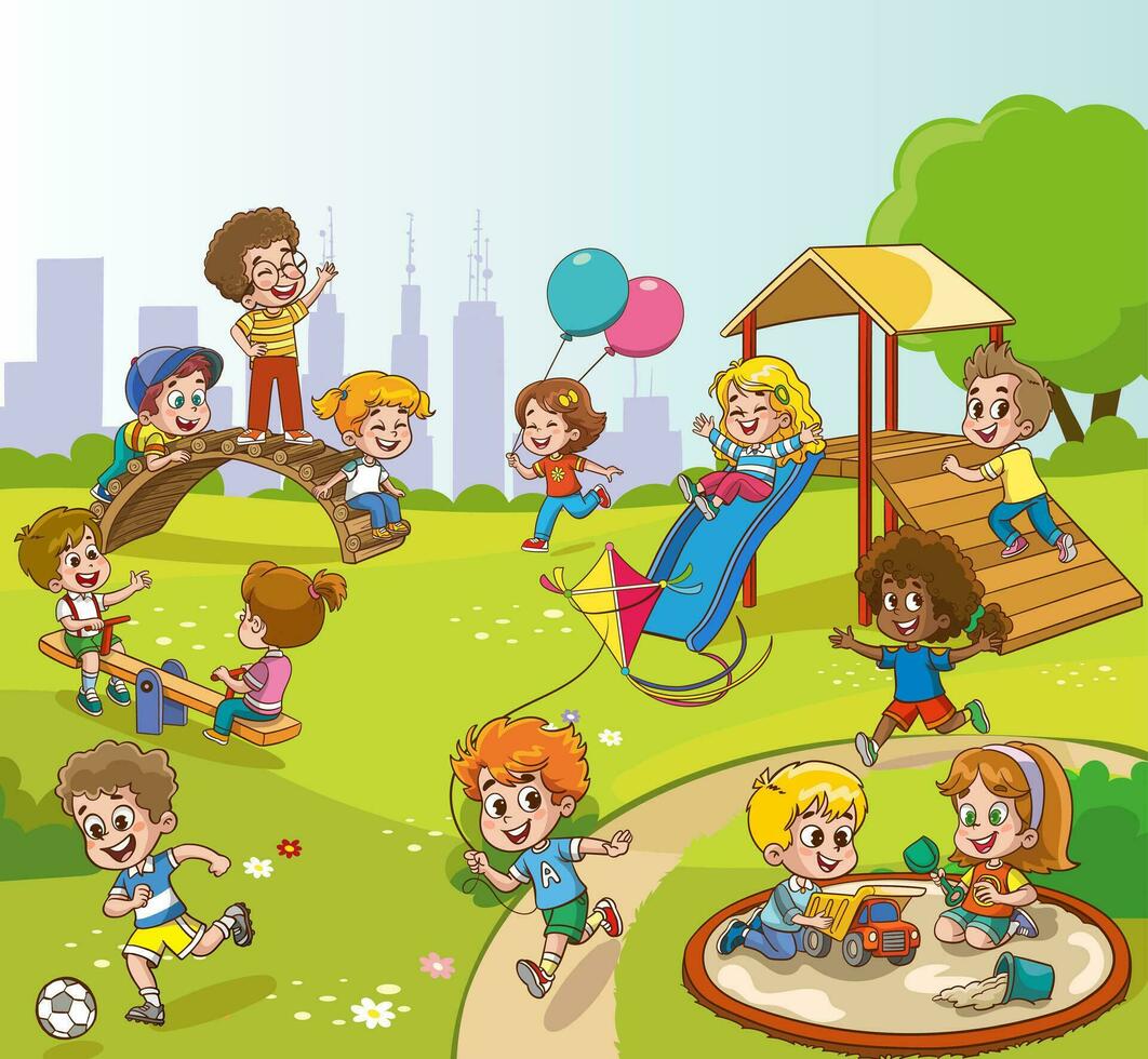 kids activities at the playground.Children playing in the park. Playground with kids. Group of kids playing on playground spending time in games, having fun, fooling around. Summer activities. School vector