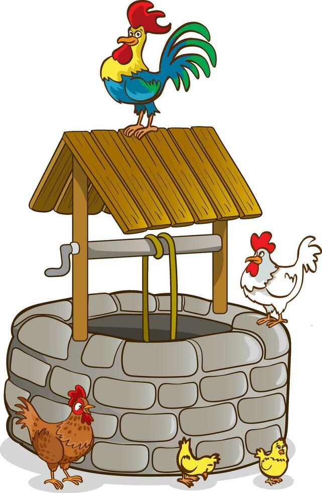 Vector cartoon summer landscape with vintage well with wooden roof, pulley and bucket. Basin for water source or spring near farm or village