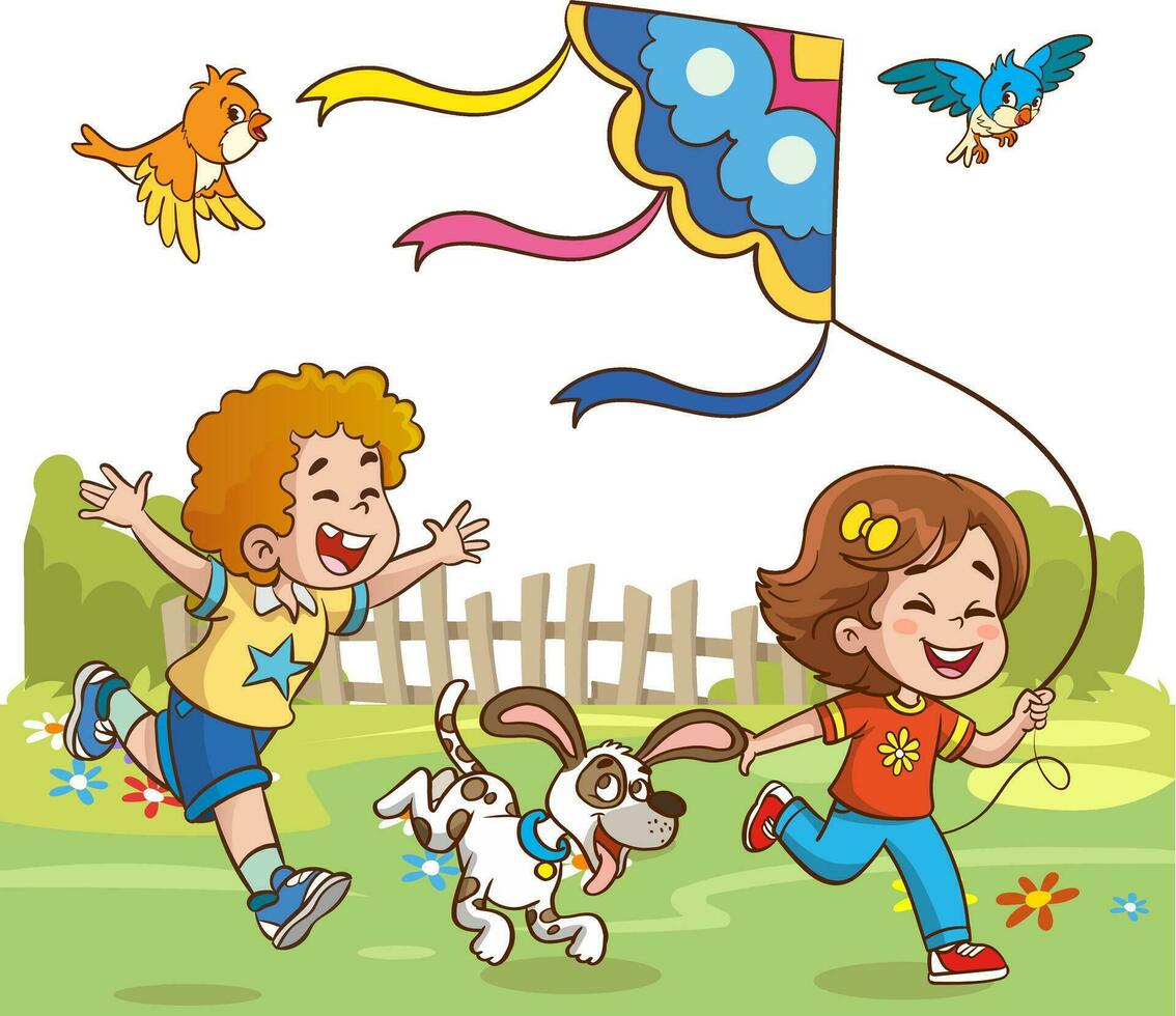 little kids playing with his friend in nature and feeling happy.kids flying kites.play time. vector