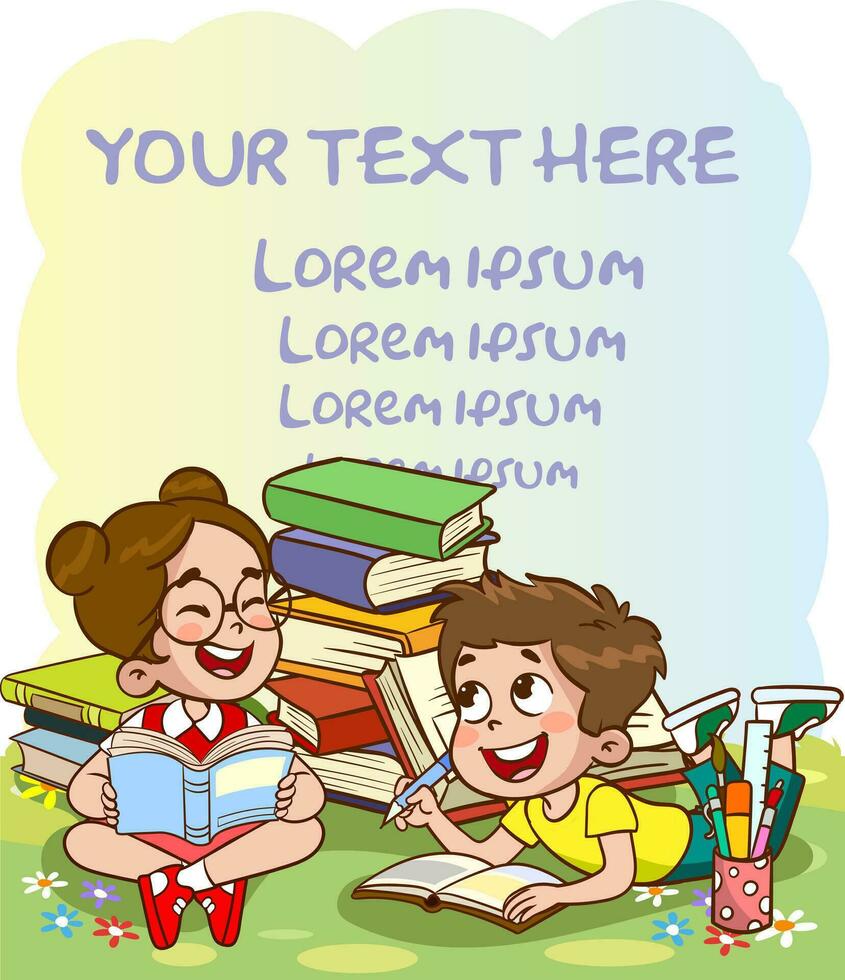 Happy kids read book and study together.Happy Kids Studying And Learning.kid education vector illustration design